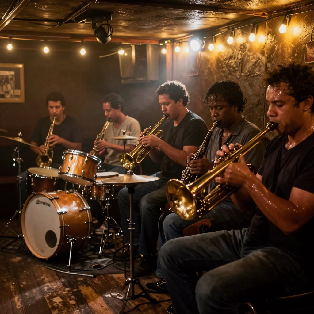 Jazz Quartet in Bimbo Basement Before Dawn in in a concert hall in Bimbo