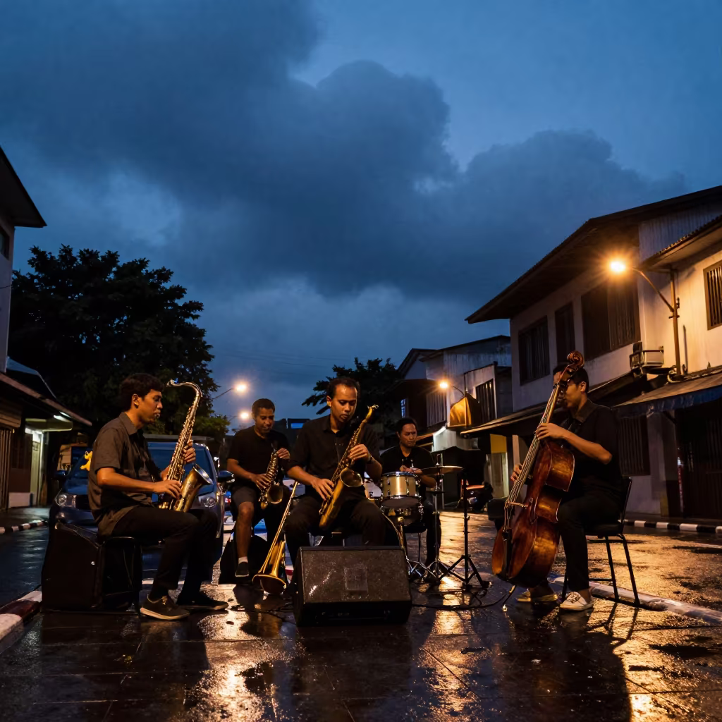 Jazz Quartet Rehearsing Under Amber Lamps in at a street corner busking spot in Bandung