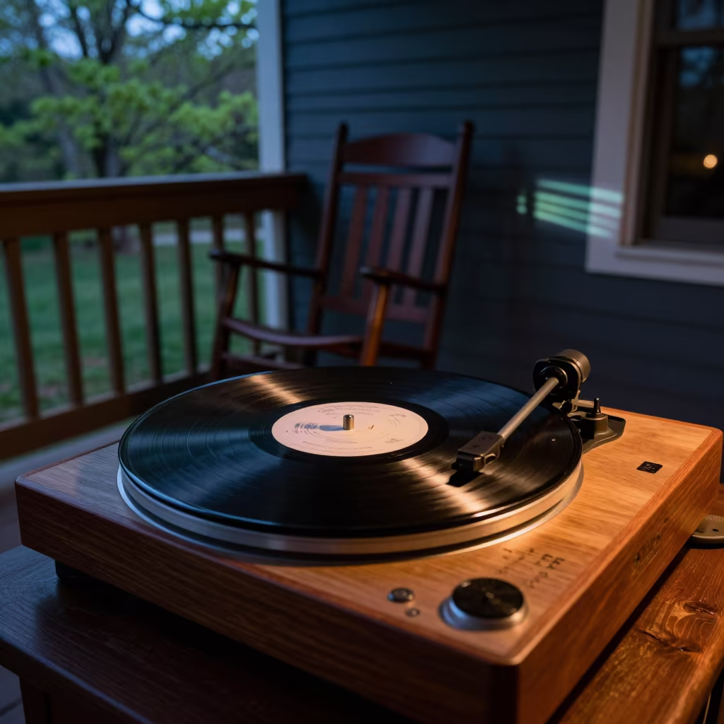 Jazz Record Player on Malmo Porch Before Dawn in on a porch with a rocking chair near Malmo