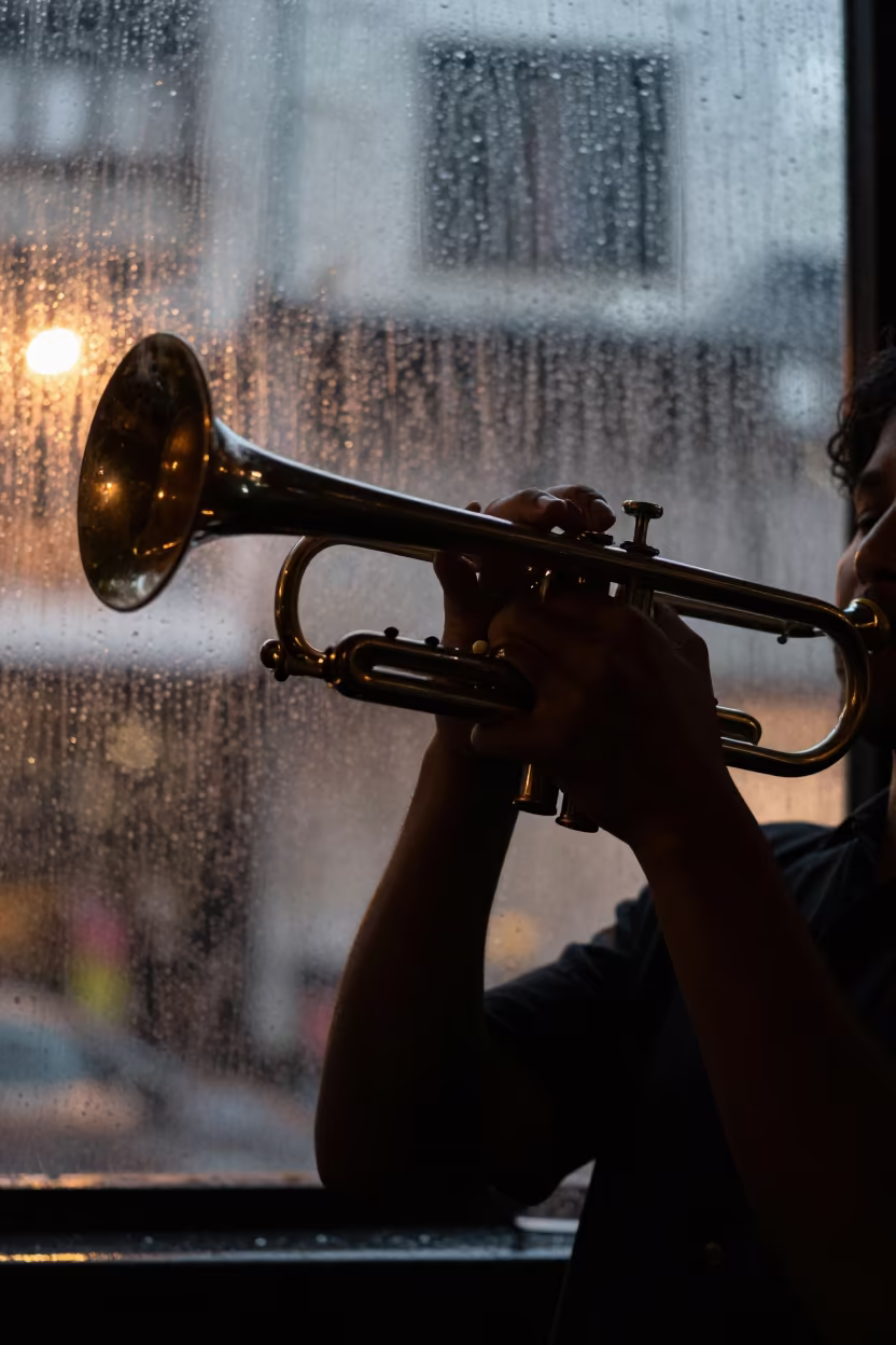 Jazz Trumpet Player Silhouette in Wet Season in at a jazz club in Ipoh