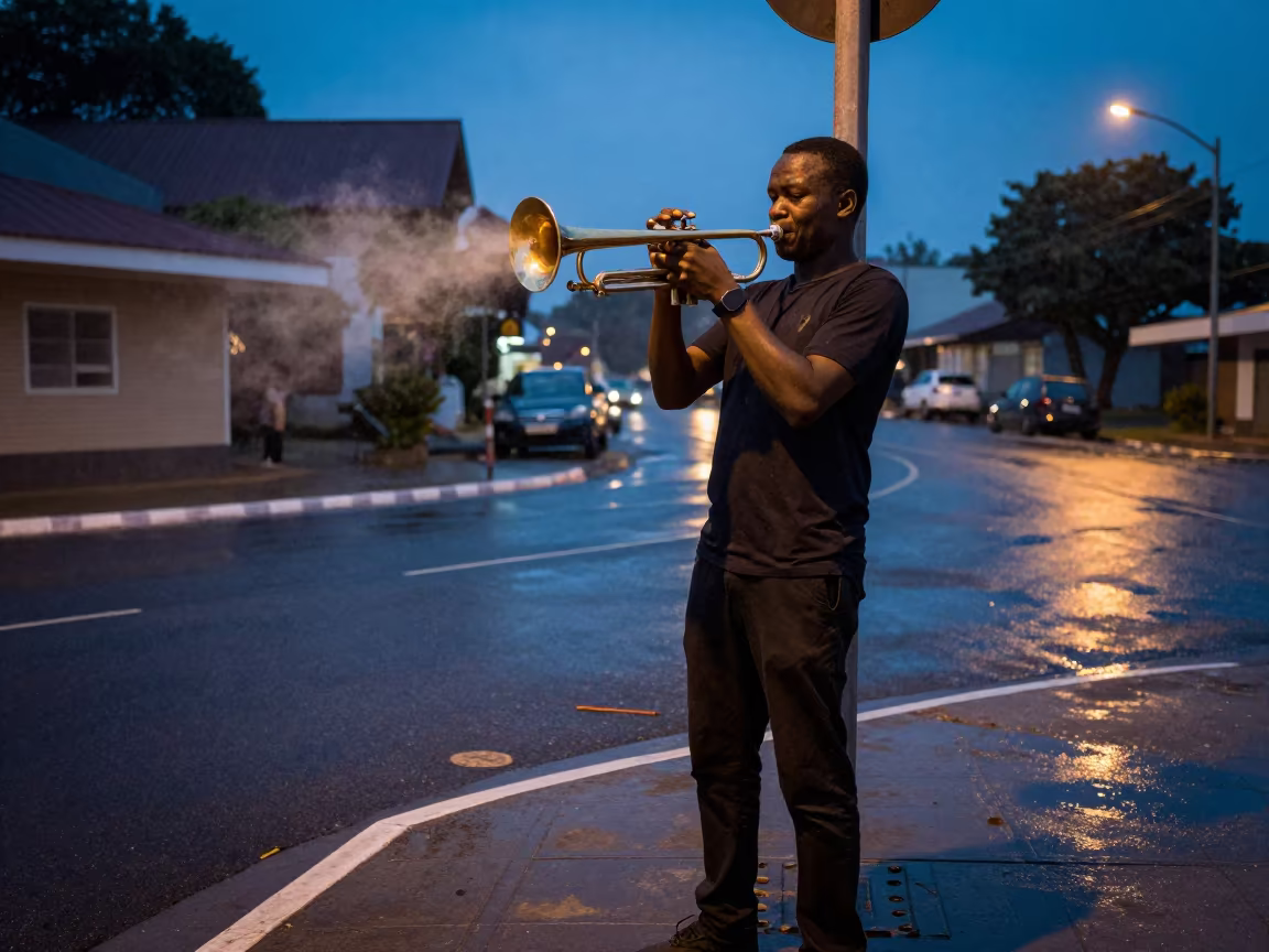 Jazz Trumpeter Muting Plunger at Mbabane Street Corner in at a street corner busking spot in Mbabane