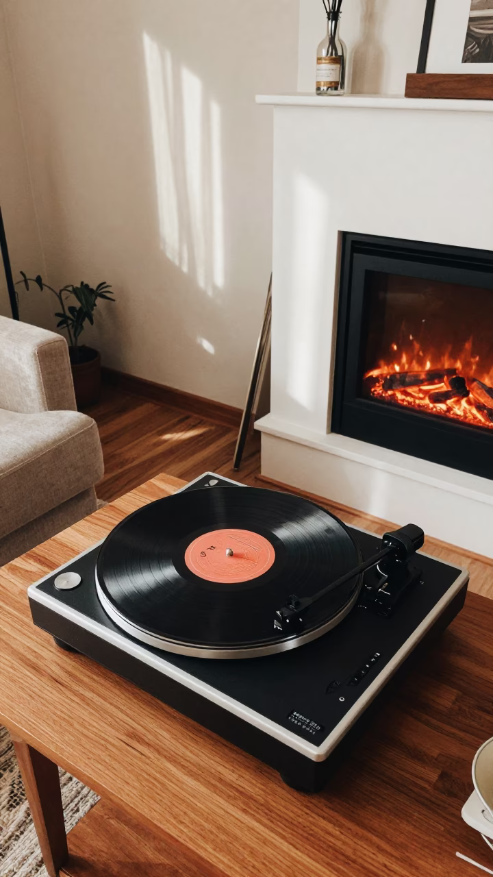 Jazz Vinyl Spinning in Karachi Living Room in by a crackling fireplace in Karachi