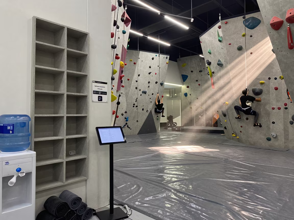 Jeddah Climbing Gym Spin Lobby Cleat Cubbies in inside a climbing gym warmup zone in Jeddah