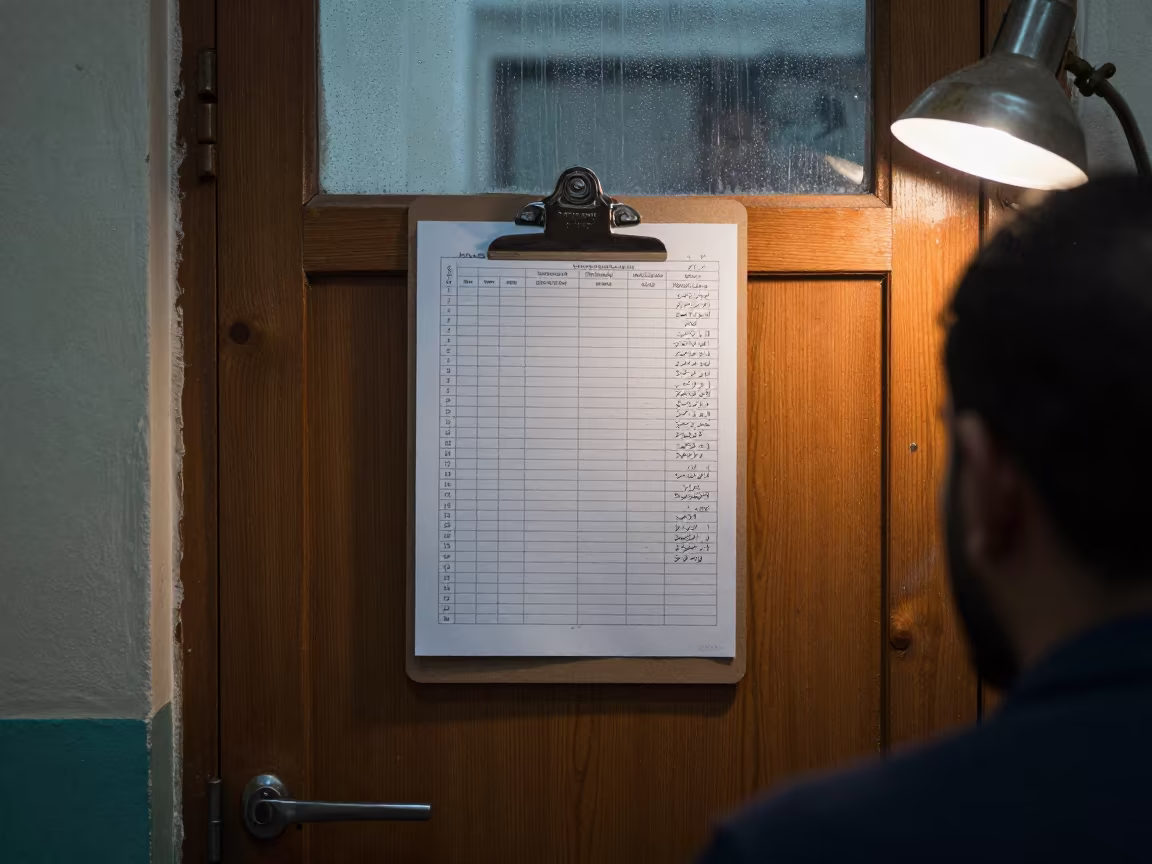 Jeddah Woodshop Attendance Sheet Before Dawn in in a woodshop classroom in Jeddah