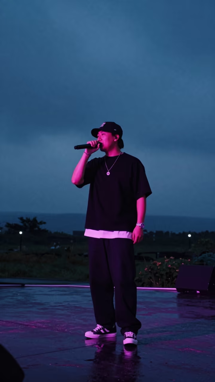 Jeju Block Party Rapper Neon Night in on a dimly lit stage in Jeju