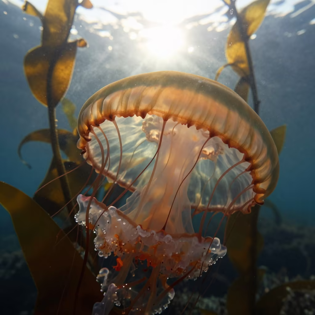 Jellyfish Bell Edge Kelp Forest Nautical Dawn in through a forest of kelp fronds near Vedado, Havana