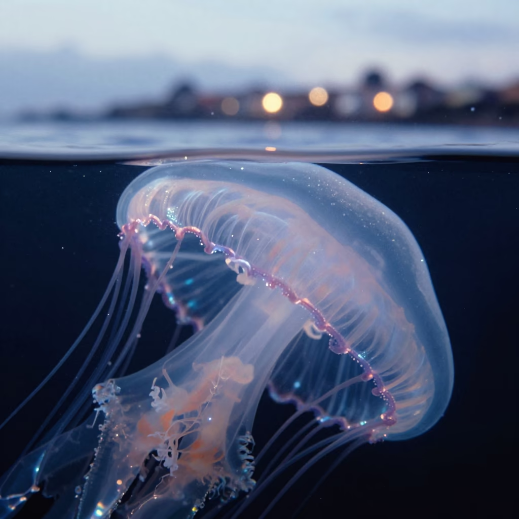 Jellyfish Bell Margin Underwater Glow in beside a volcanic drop-off near Salvador