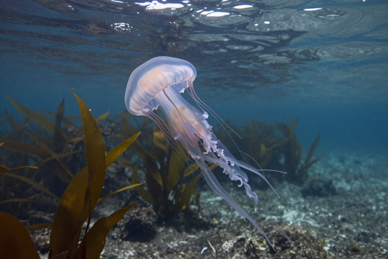 Jellyfish Drifting Near Kelp Shelf Havana in along a kelp-fringed shelf near Fusterlandia, Havana