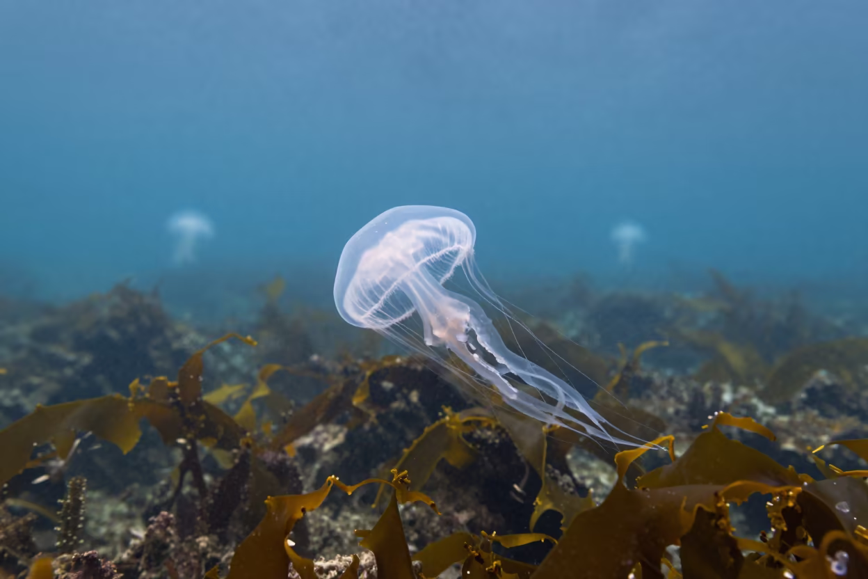 Jellyfish Drifting Over Cold Water Reef Edge in above a cold-water reef edge near Mumbai