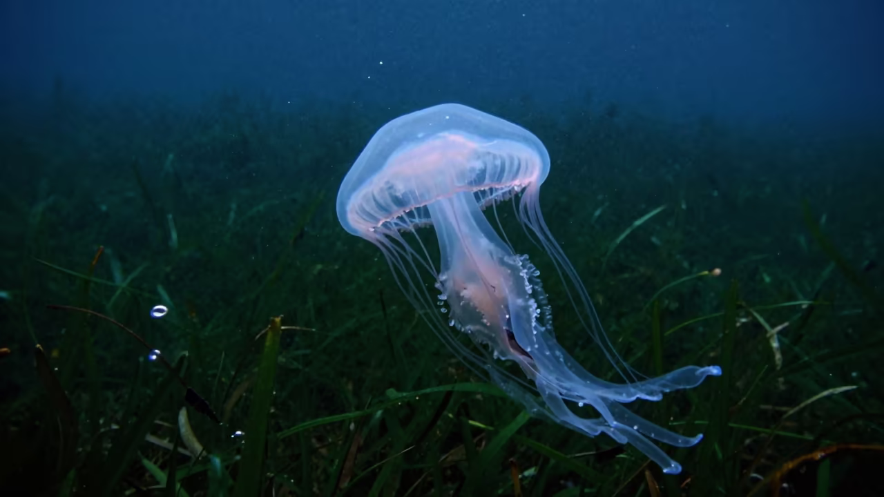 Jellyfish Over Seagrass Meadow at Monsoon Blue Hour in above a seagrass meadow near Mumbai