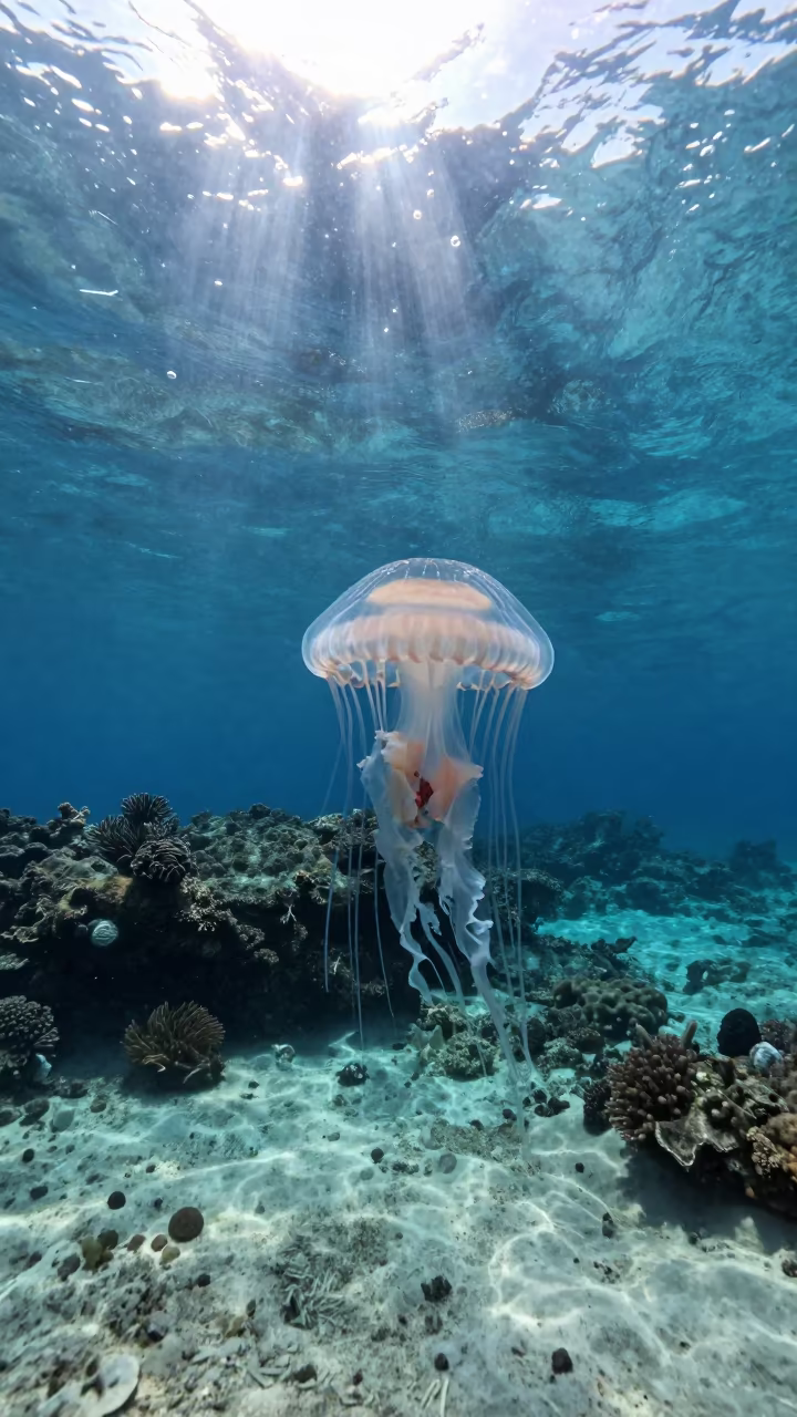 Jellyfish Gliding Over Reef Ledge in Green Surge in beneath a reef ledge in tropical shallows near Stone Town