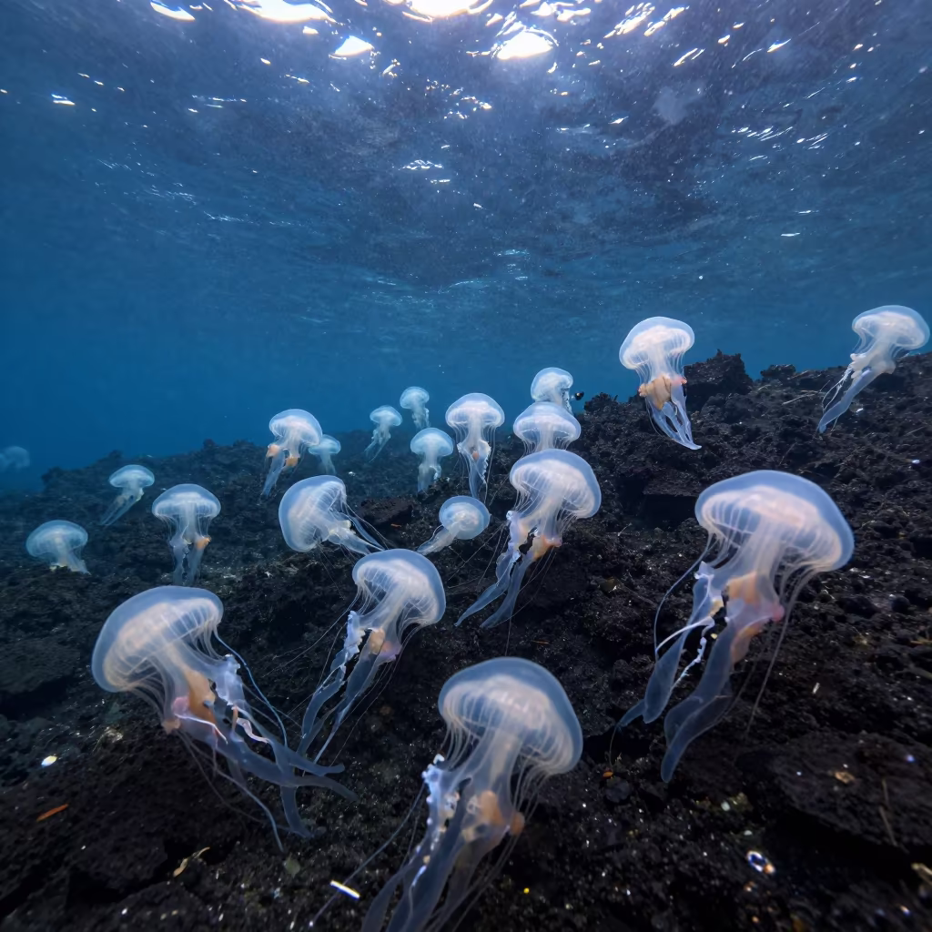 Jellyfish Swarm Near Volcanic Drop-off in beside a volcanic drop-off near Mumbai