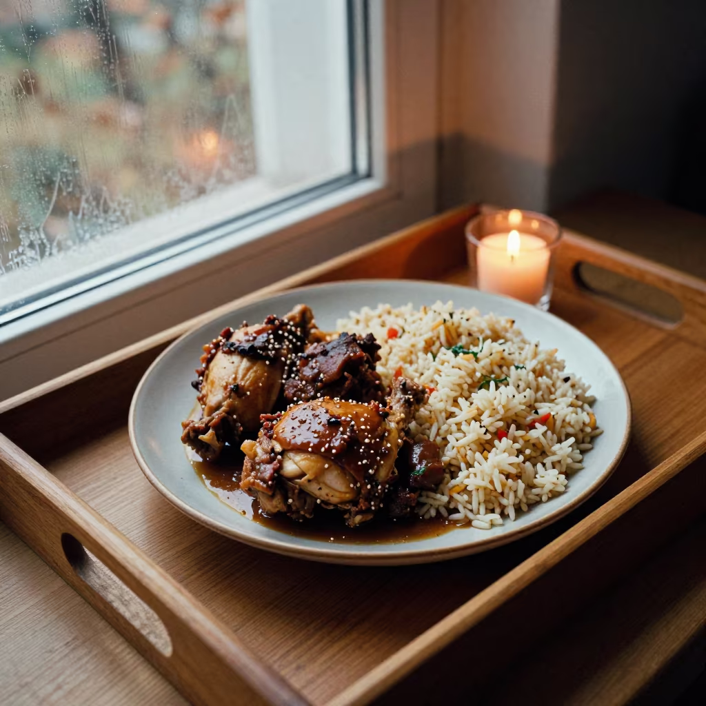 Jerk Chicken Platter Candlelight Wałbrzych in on a tea house tray in Wałbrzych