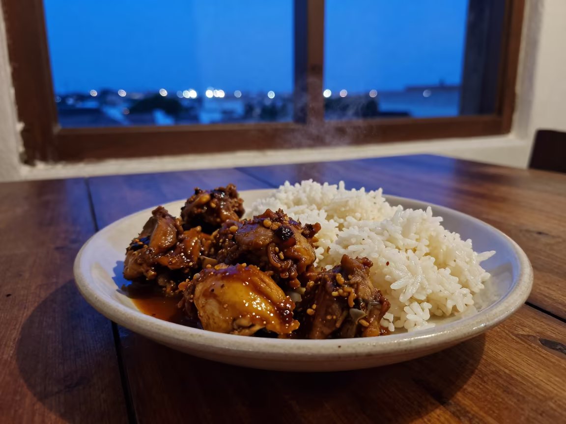 Jerk Chicken Platter with Rice Cartagena Twilight in on a rustic wooden table in Cartagena