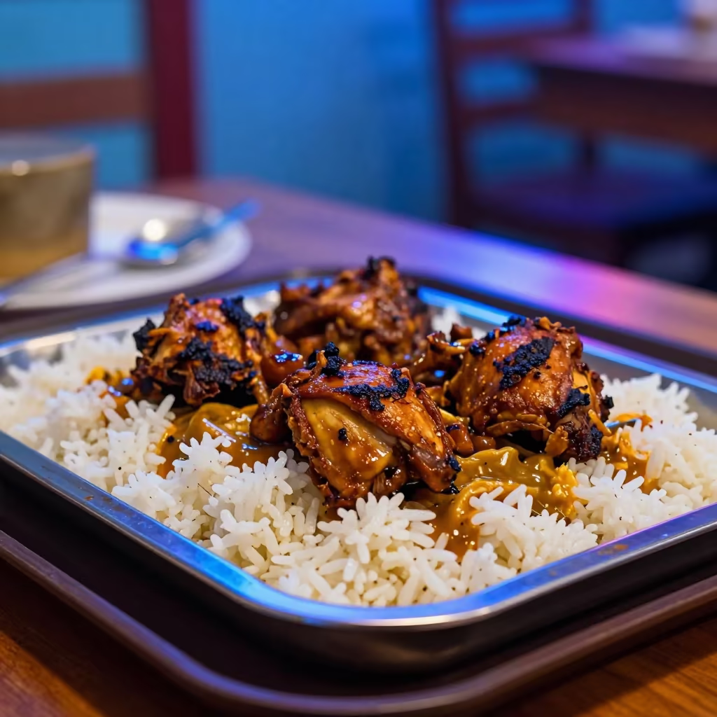 Jerk Chicken Platter with Rice on Tea House Tray in on a tea house tray in Akure