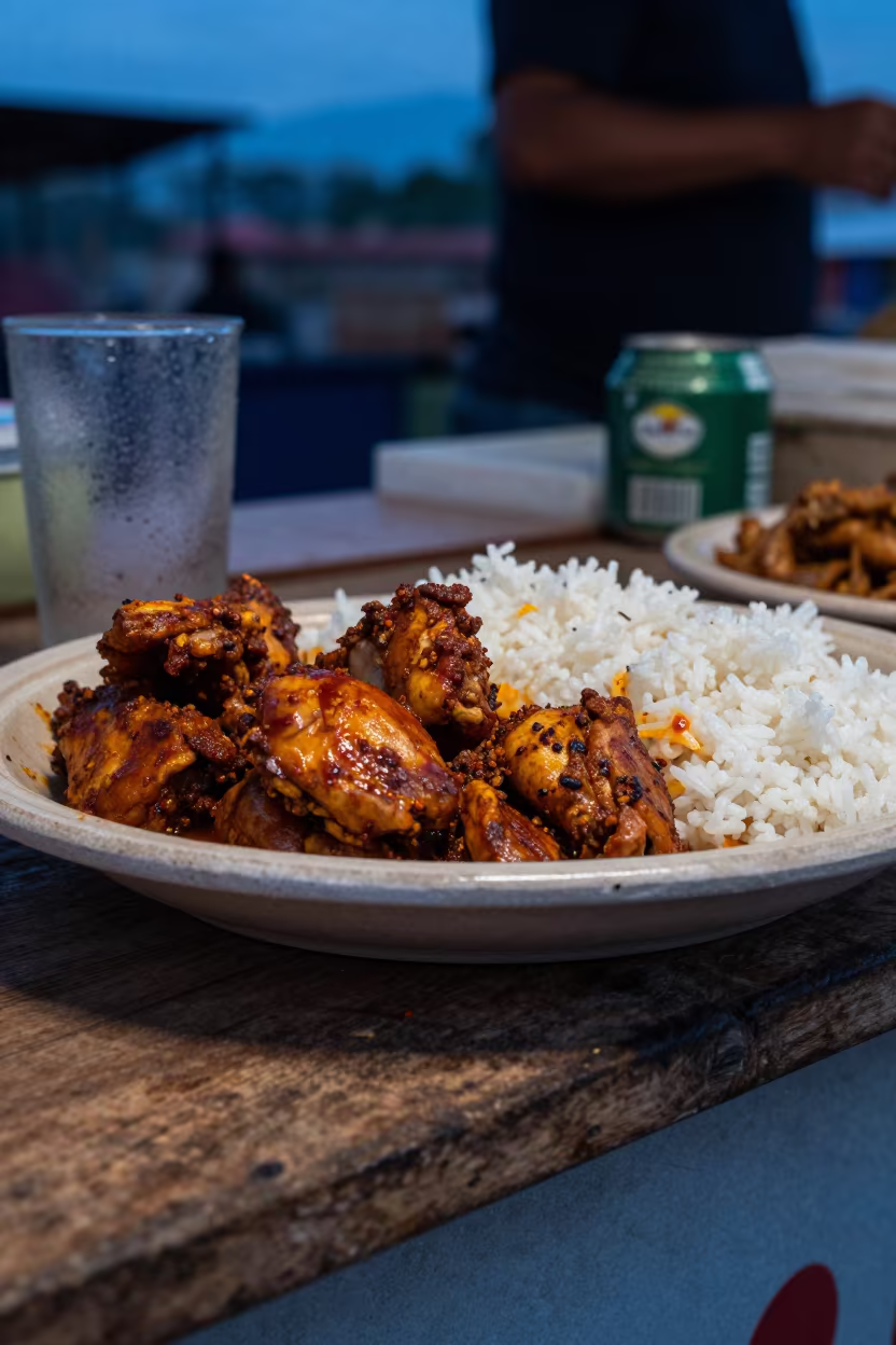 Jerk Chicken Platter at Twilight Market Stall in at a market stall counter in Tarapoto