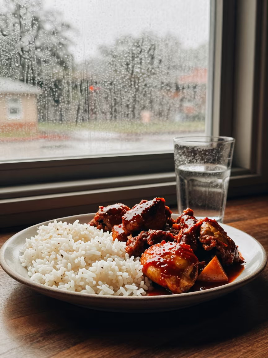 Jerk Chicken and Rice on Ceramic Plate in on a ceramic plate by a window in East Austin, Austin