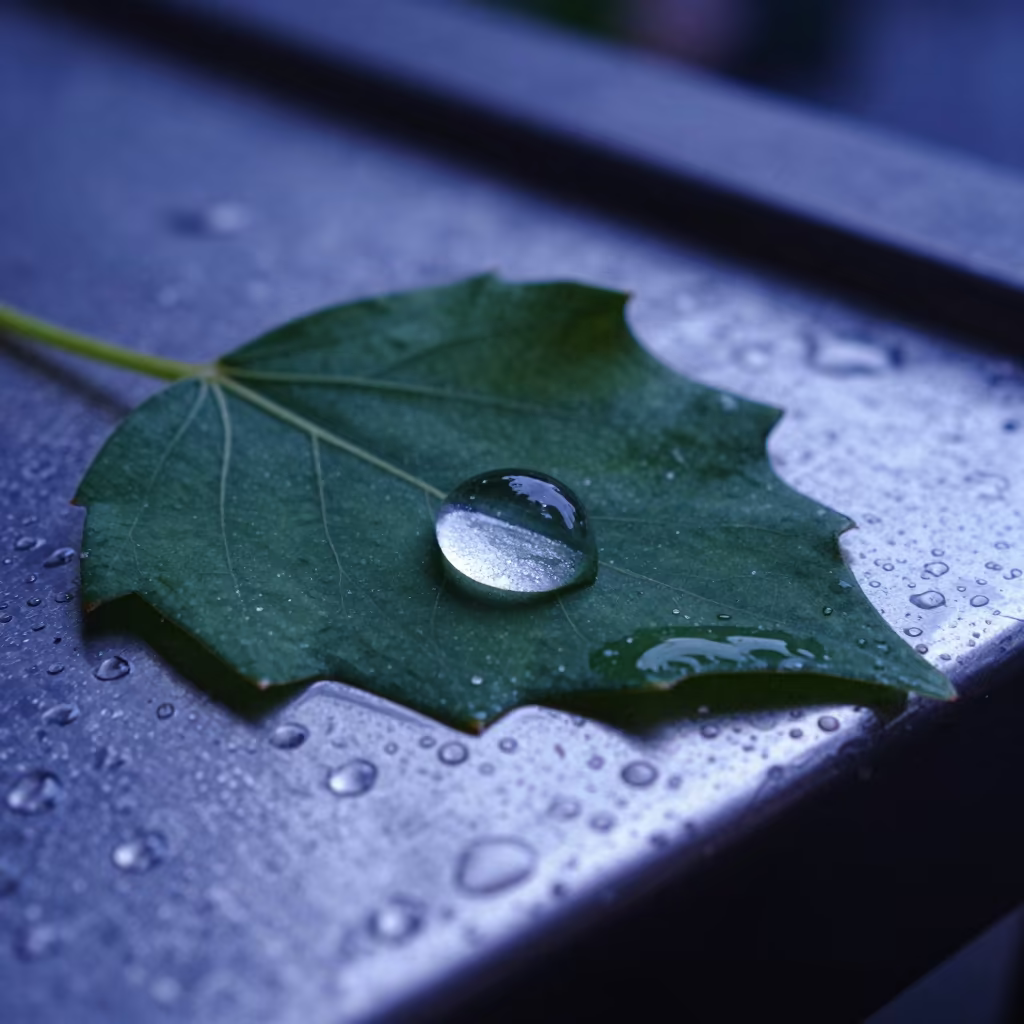 Jewel Droplet Lens on Rainy Metal Leaf Veins in across a rain-beaded metal surface in Nadi