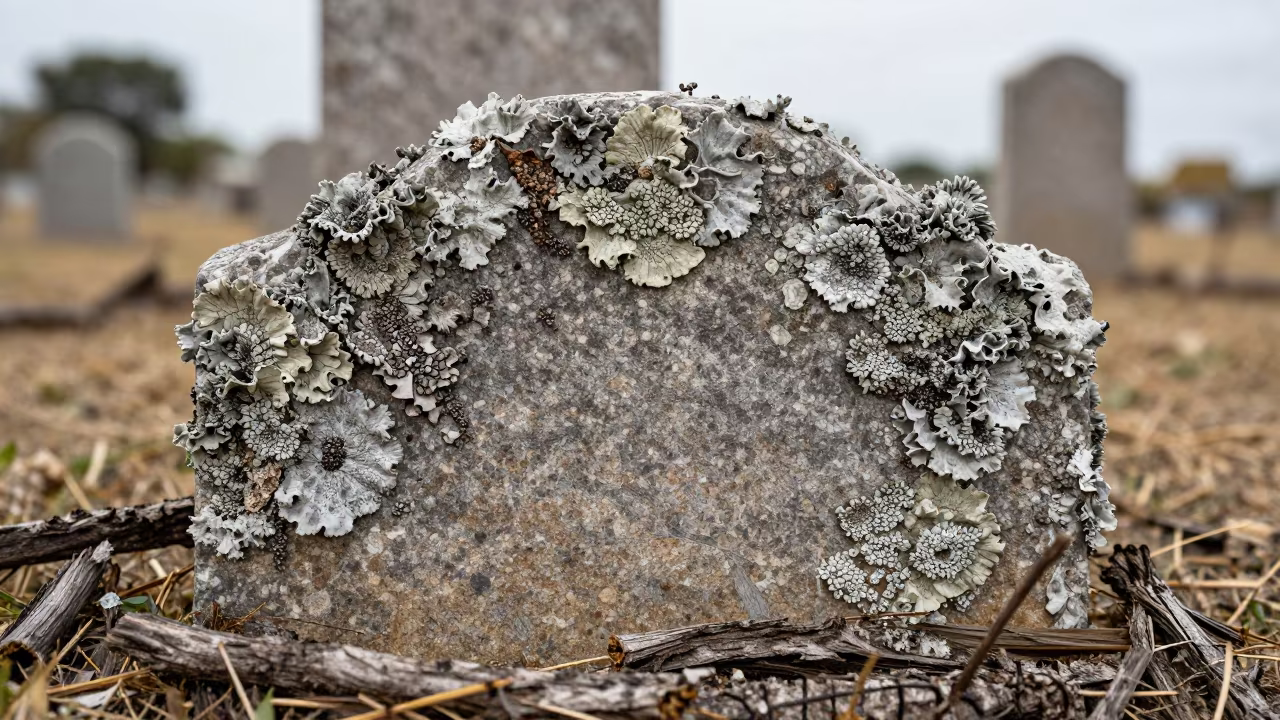 Jewel Lichen Patterns on Bouaflé Gravestone in on lichen-covered bark in Bouaflé