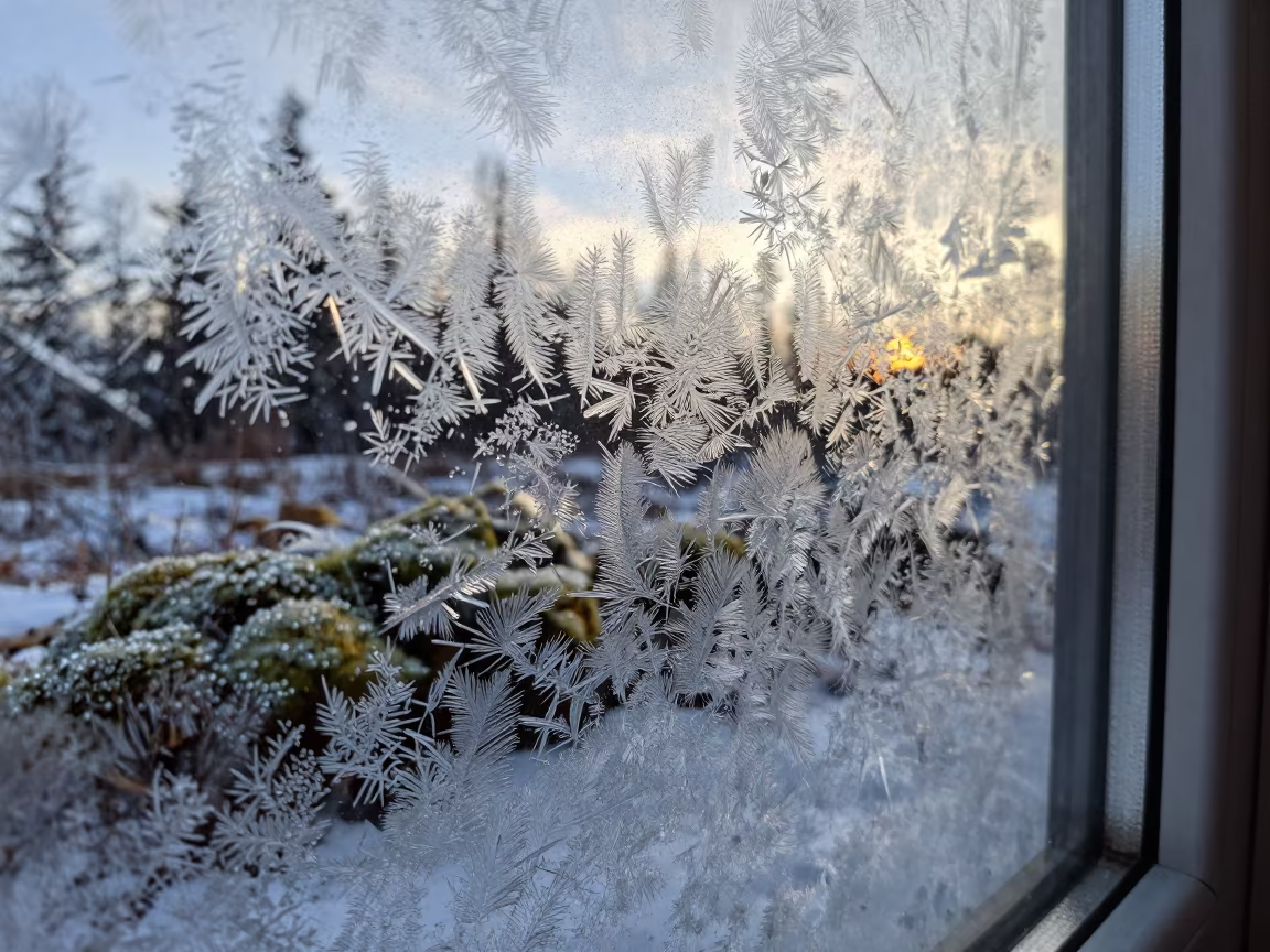 Jewel-Like Ice Crystals on Window Pane in on dew-soaked moss near Yellowknife