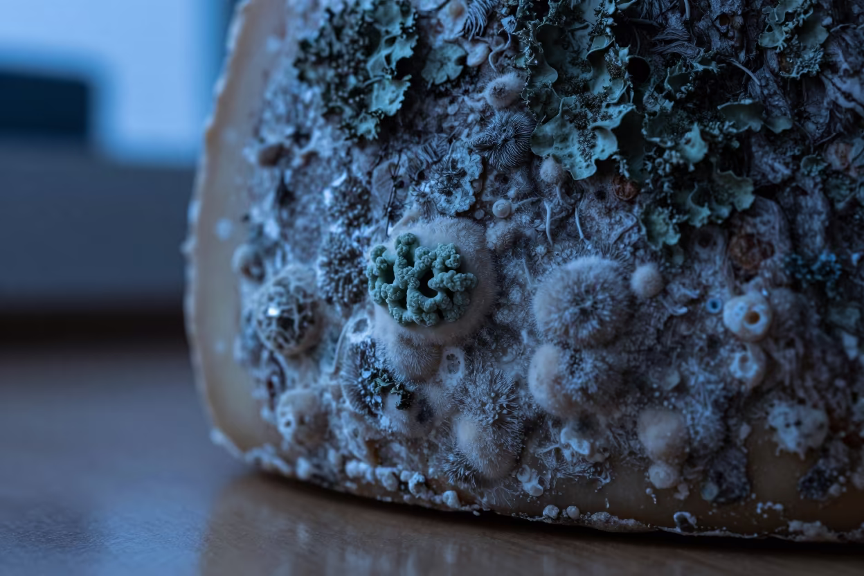 Jewel-like Mold Texture on Aged Cheese in on lichen-covered bark in Bilaspur