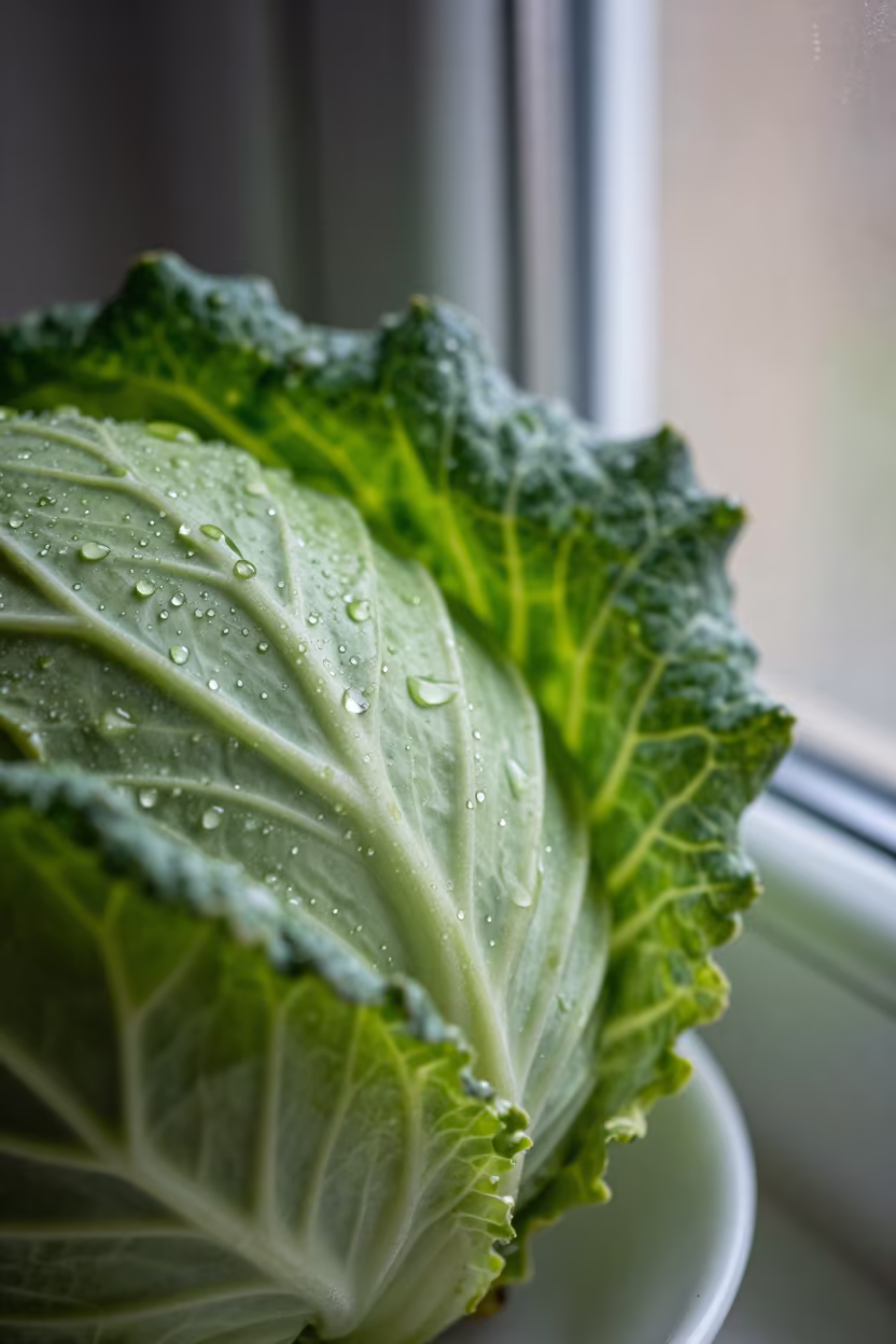 Jewel-like Water Droplets on Waxy Cabbage Leaf in along a frost-edged windowpane in Xian