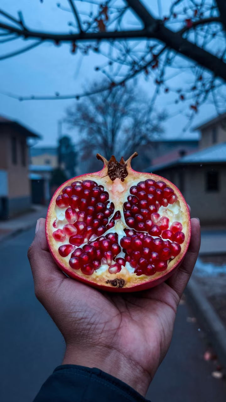 Jewel Red Pomegranate Seeds Against Blue Hour Snow in near Kazanchis, Addis Ababa