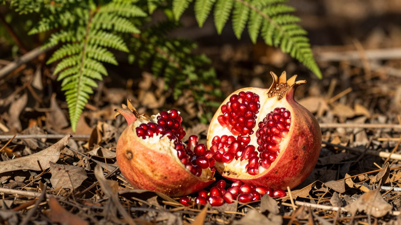 Jewel Red Pomegranate Seeds on Forest Floor in on a fern-lined forest floor in Israel