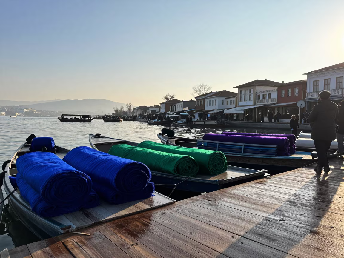 Jewel Tone Silk Stacks at Floating Market in at a floating market boat in Osmaniye