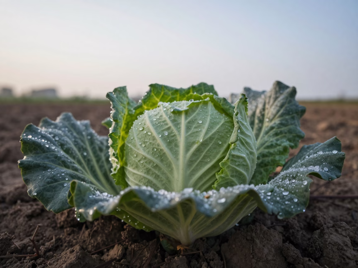 Jewel Water Droplets on Waxy Cabbage Leaf in on salt crystals along a pan rim near Muzaffarpur