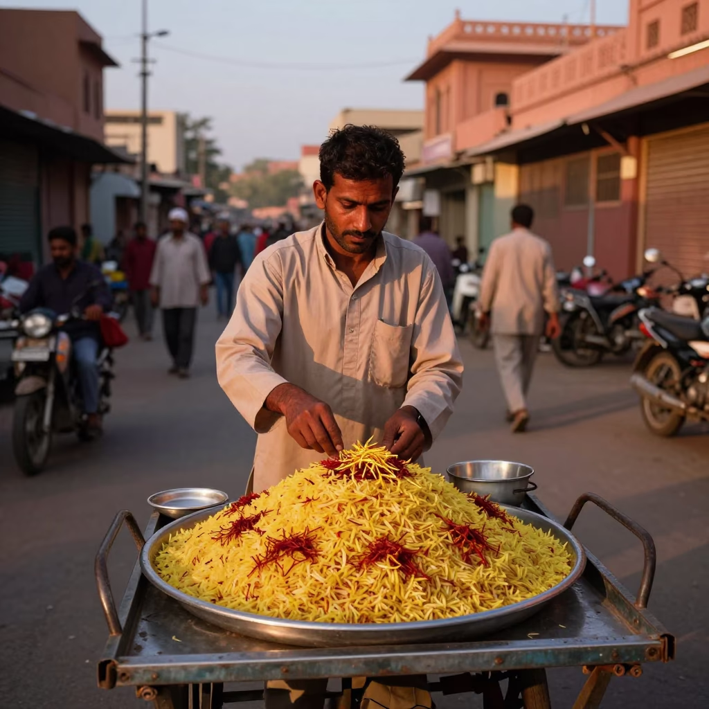 Jeweled Rice in Jaipur at Copper-toned Light Before Dusk in in Jaipur, India