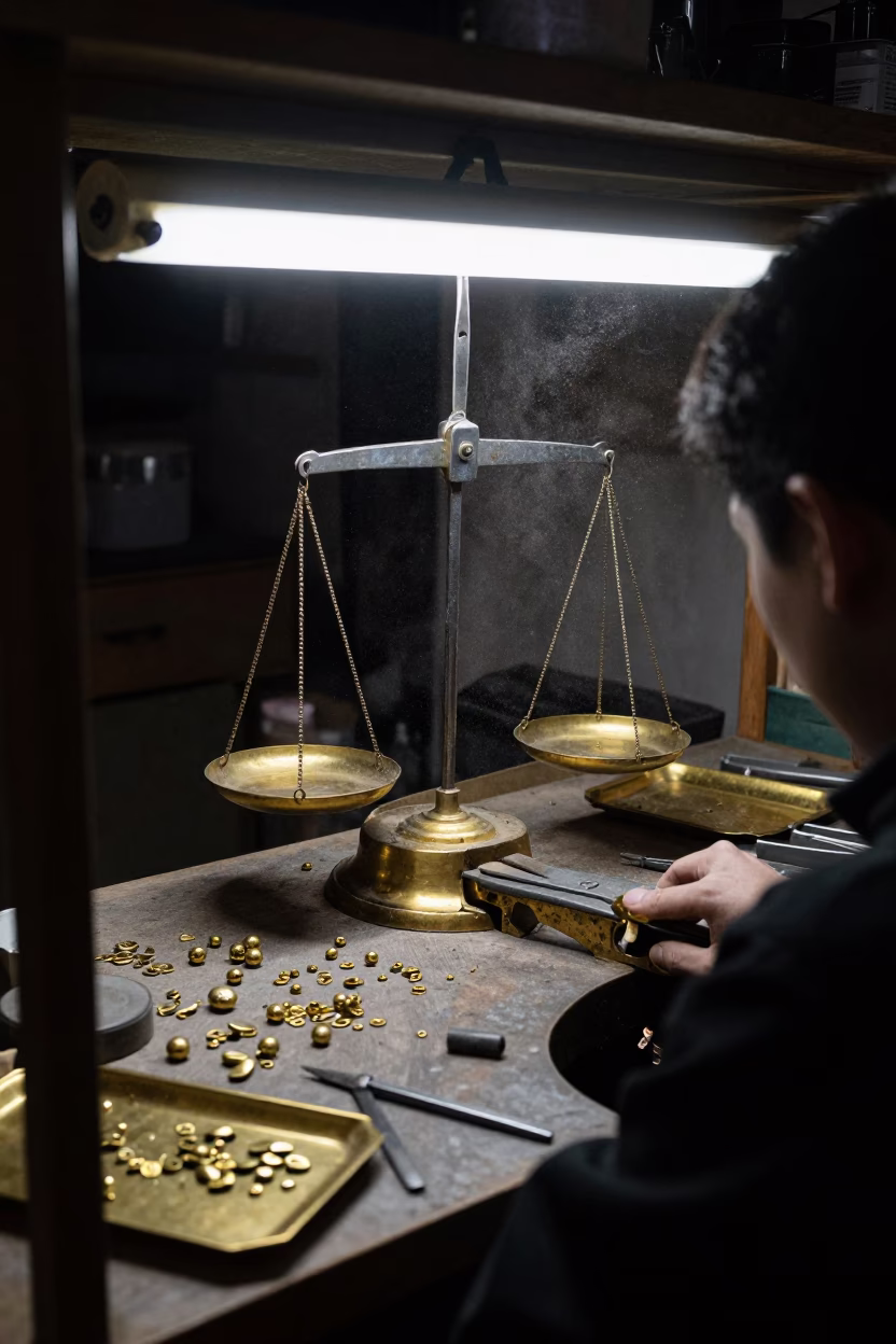 Jeweler Bench Brass Findings Night Fluorescent Light in inside a jeweler's stall with brass scales and trays near Fuzhou