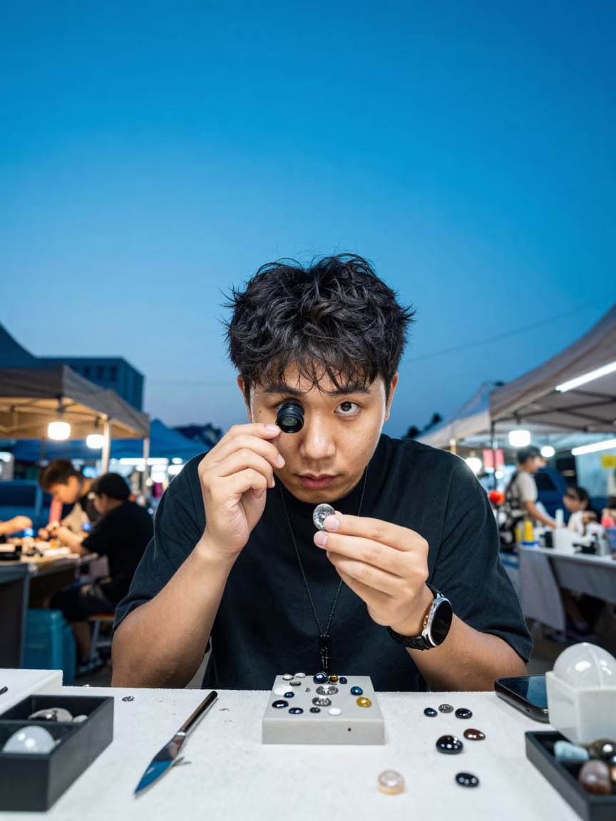 Jeweler Examining Stone Through Loupe in Bazaar in at a jewelry counter inside a covered bazaar near Gwangju