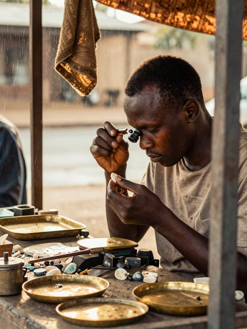 Jeweler Examining Stone Through Loupe in Bulawayo Stall in inside a jeweler's stall with brass scales and trays near Bulawayo