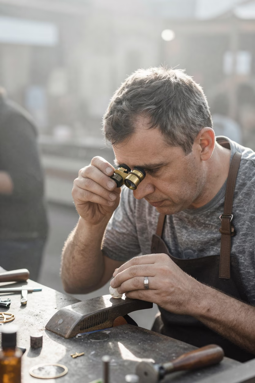 Jeweler Examining Stone Loupe Łódź Bazaar in at a goldsmith bench in a bazaar jewelry lane in Łódź