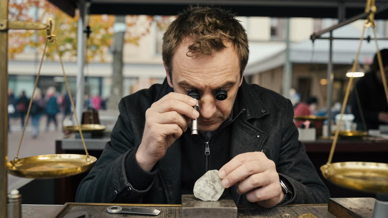 Jeweler Examining Stone Loupe Malmo Stall in inside a jeweler's stall with brass scales and trays in Malmo