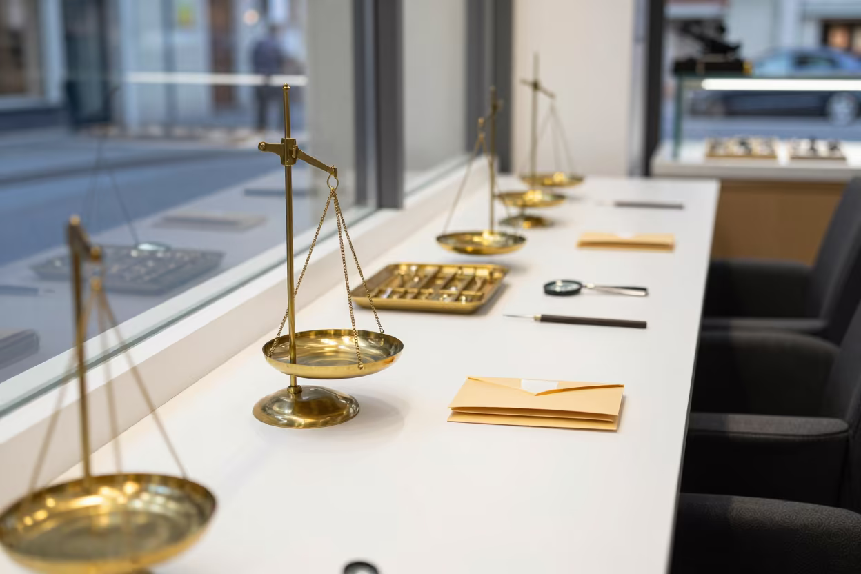 Jeweler Service Desk with Ring Trays in inside a jeweler's stall with brass scales and trays near Bern