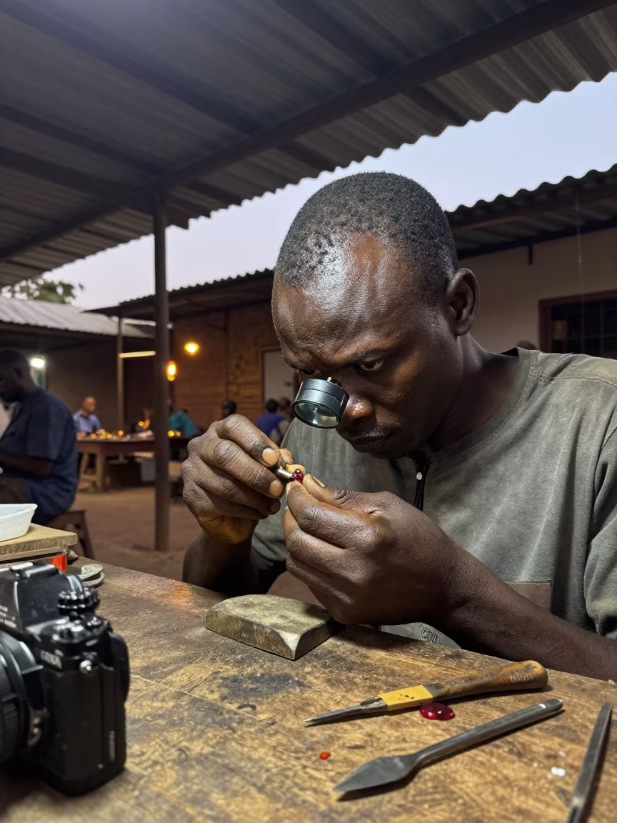 Jeweler Setting Stone Under Loupe in Asaba Bazaar in at a jewelry counter inside a covered bazaar in Asaba
