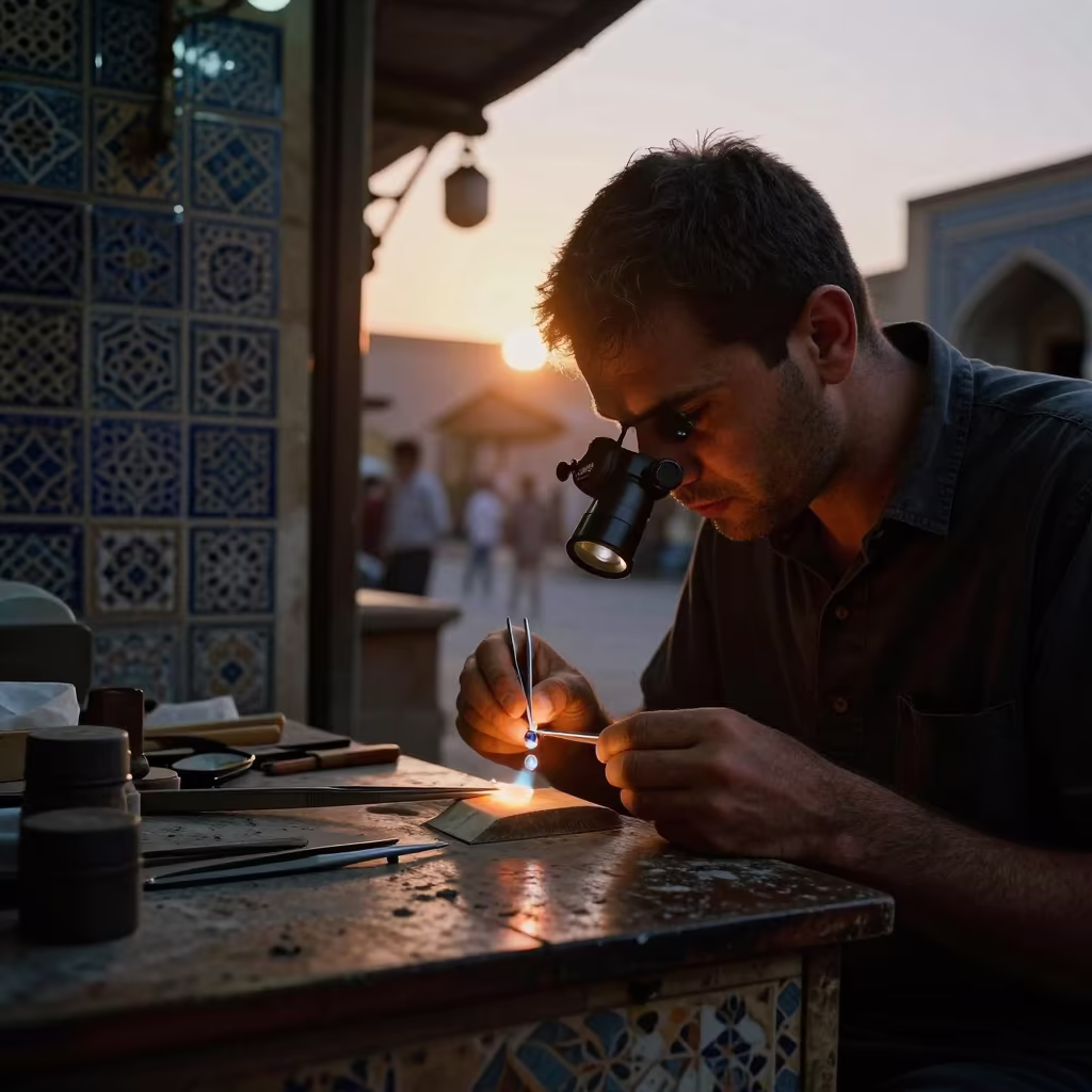Jeweler Setting Stone Under Loupe in Isfahan Bazaar in at a jewelry counter inside a covered bazaar in Isfahan