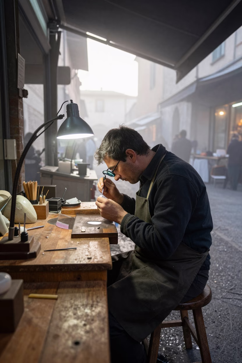 Jeweler Setting Stone Under Loupe in Prato Bazaar in at a jewelry counter inside a covered bazaar in Prato
