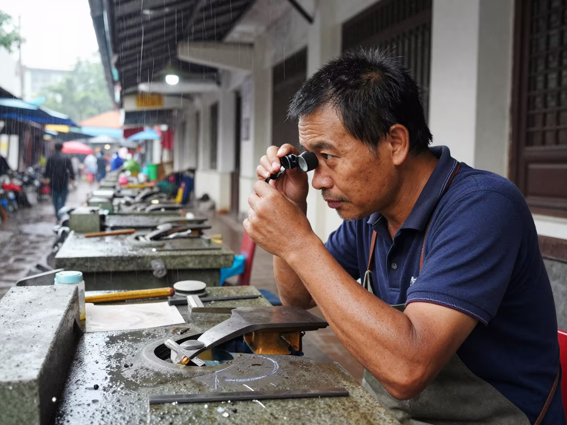Jeweler's Stone Under Noon Rain in at a goldsmith bench in a bazaar jewelry lane near Vinh