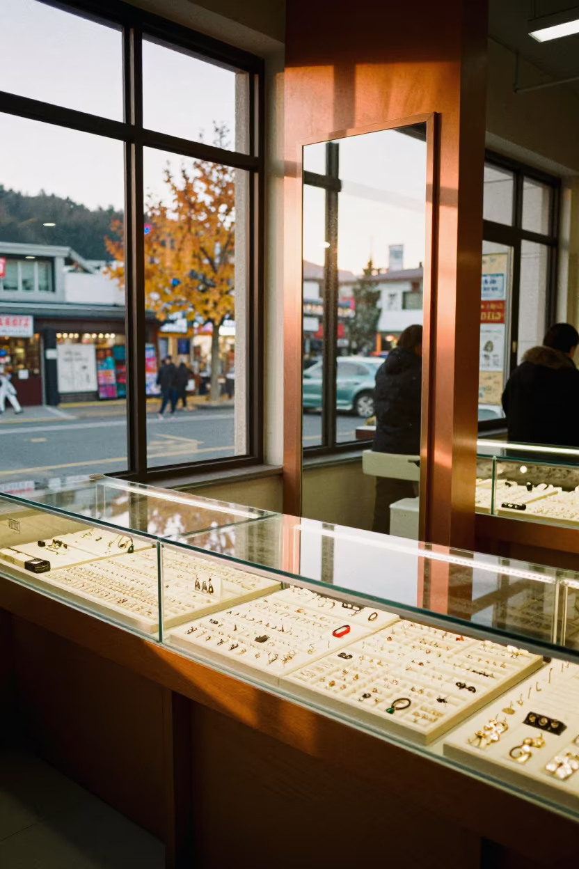 Jewelry Case in Busan Winter Light in beside a seasonal endcap near the sales floor near Jagalchi, Busan