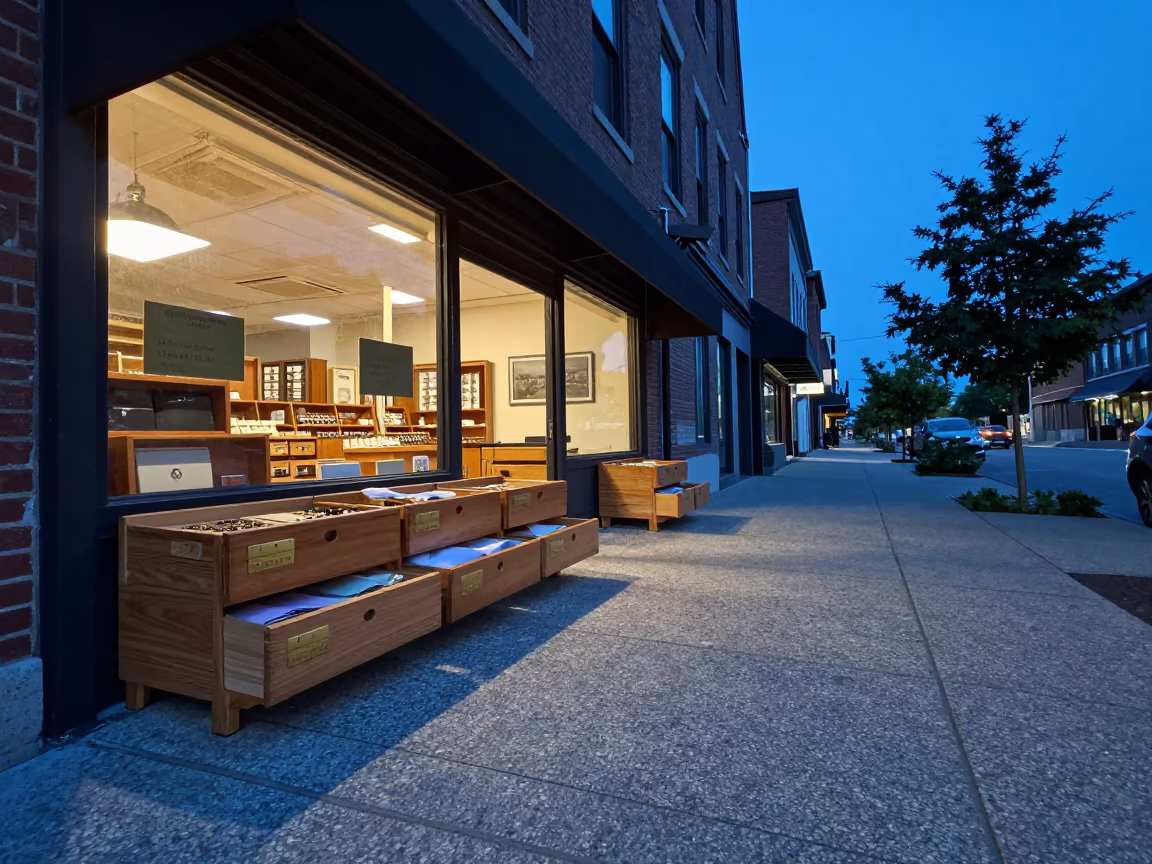 Jewelry Cloth Drawer Under Montreal Awning in beneath a shop awning at blue hour near Montreal