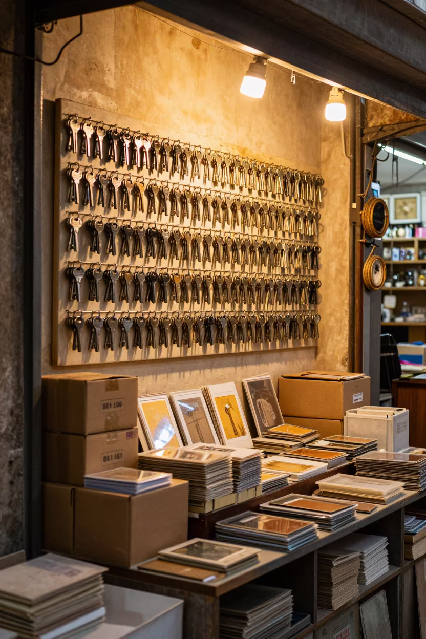 Jewelry Counter Key Ring Board in Evening Bazaar Light in at a jewelry counter inside a covered bazaar near Jammu