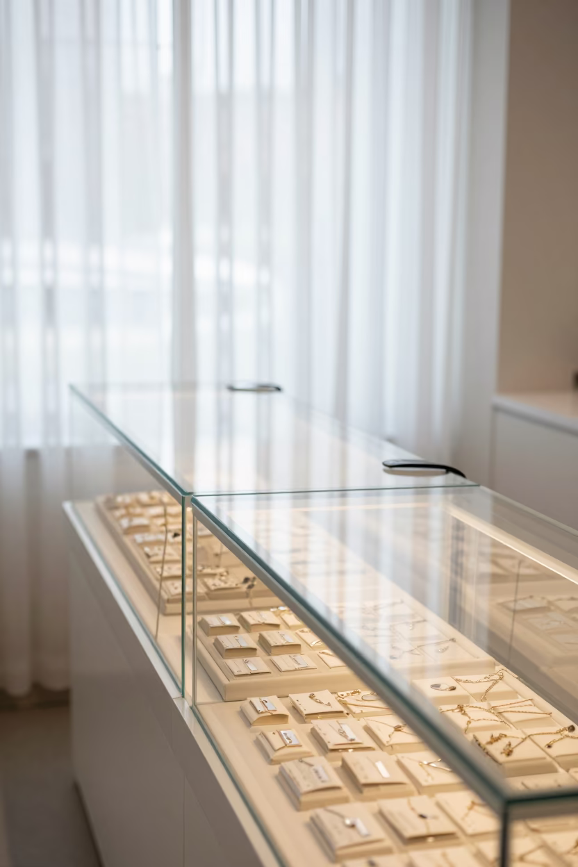 Jewelry Display Case Near Security Tether in Cleveland Store in along a front-of-store display run near Cleveland