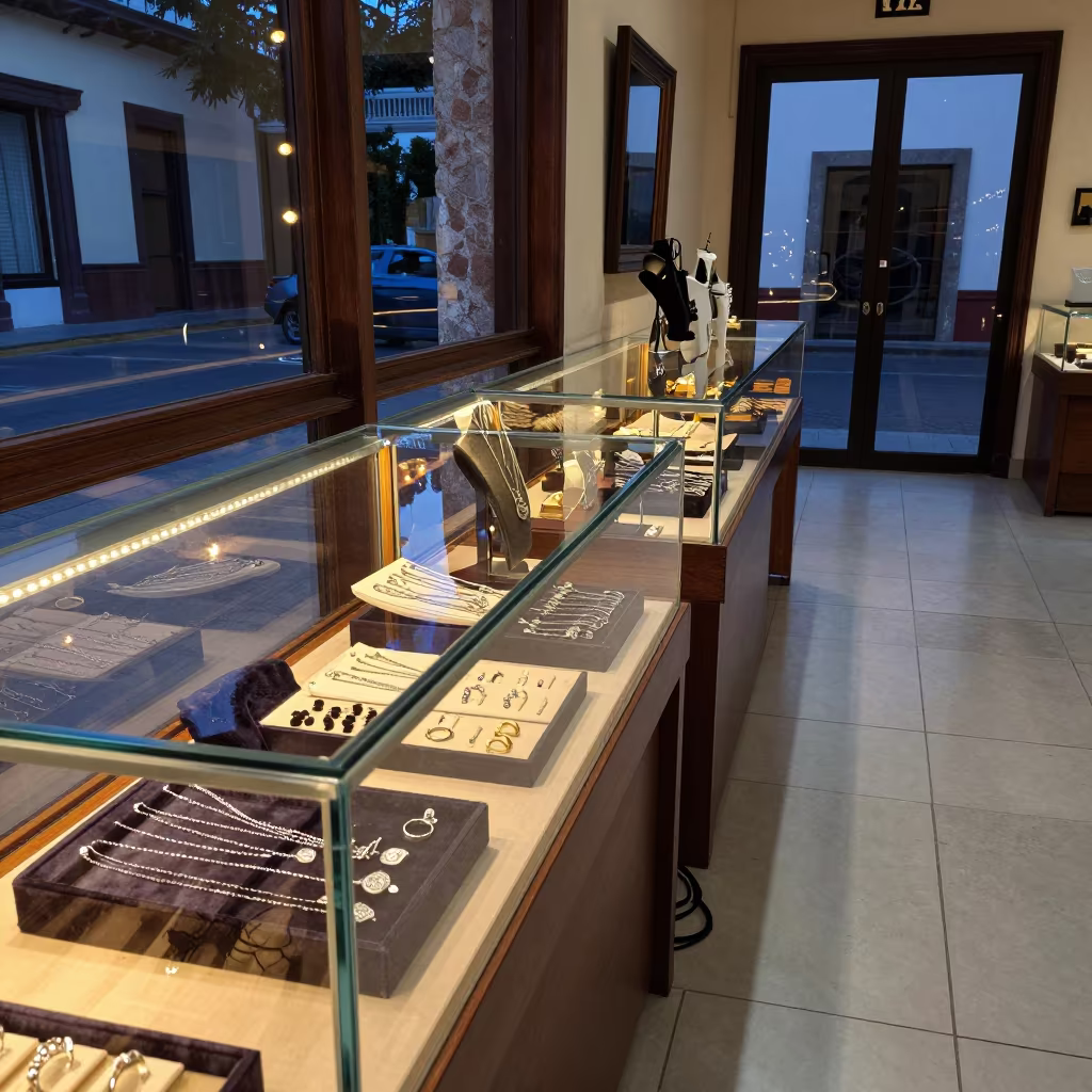 Jewelry Display Case Near Security Tether in inside a retail floor display area near Chilpancingo de los Bravo