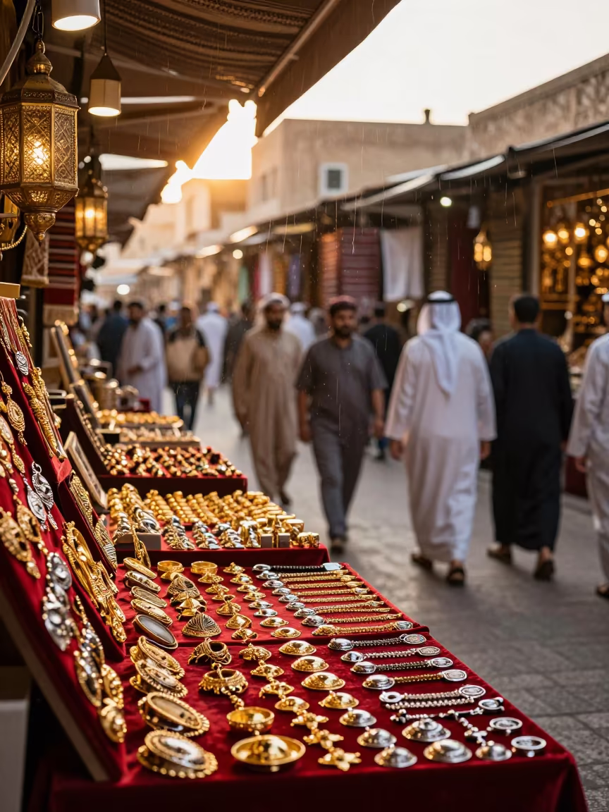 Jewelry on Velvet at Damascus Golden Hour Drizzle in at a market stall in Damascus