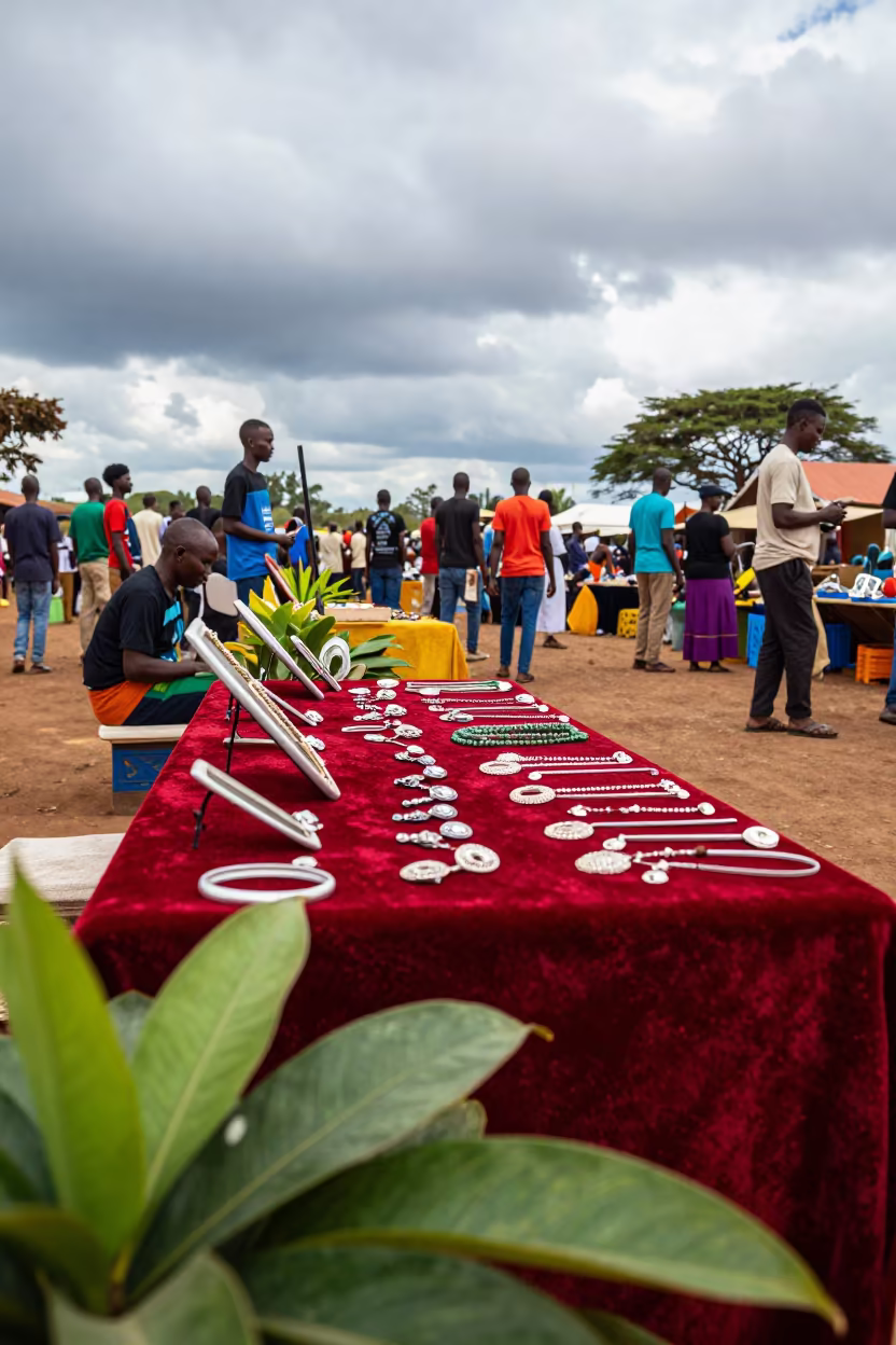 Jewelry on Velvet at Masvingo Flower Auction in at a flower auction bench in Masvingo