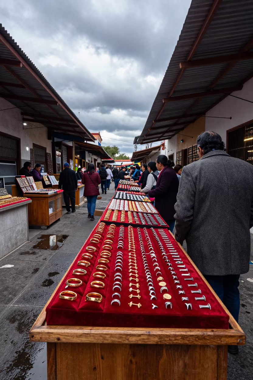 Jewelry on Velvet in Matamoros Bazaar in in a covered bazaar aisle in Matamoros