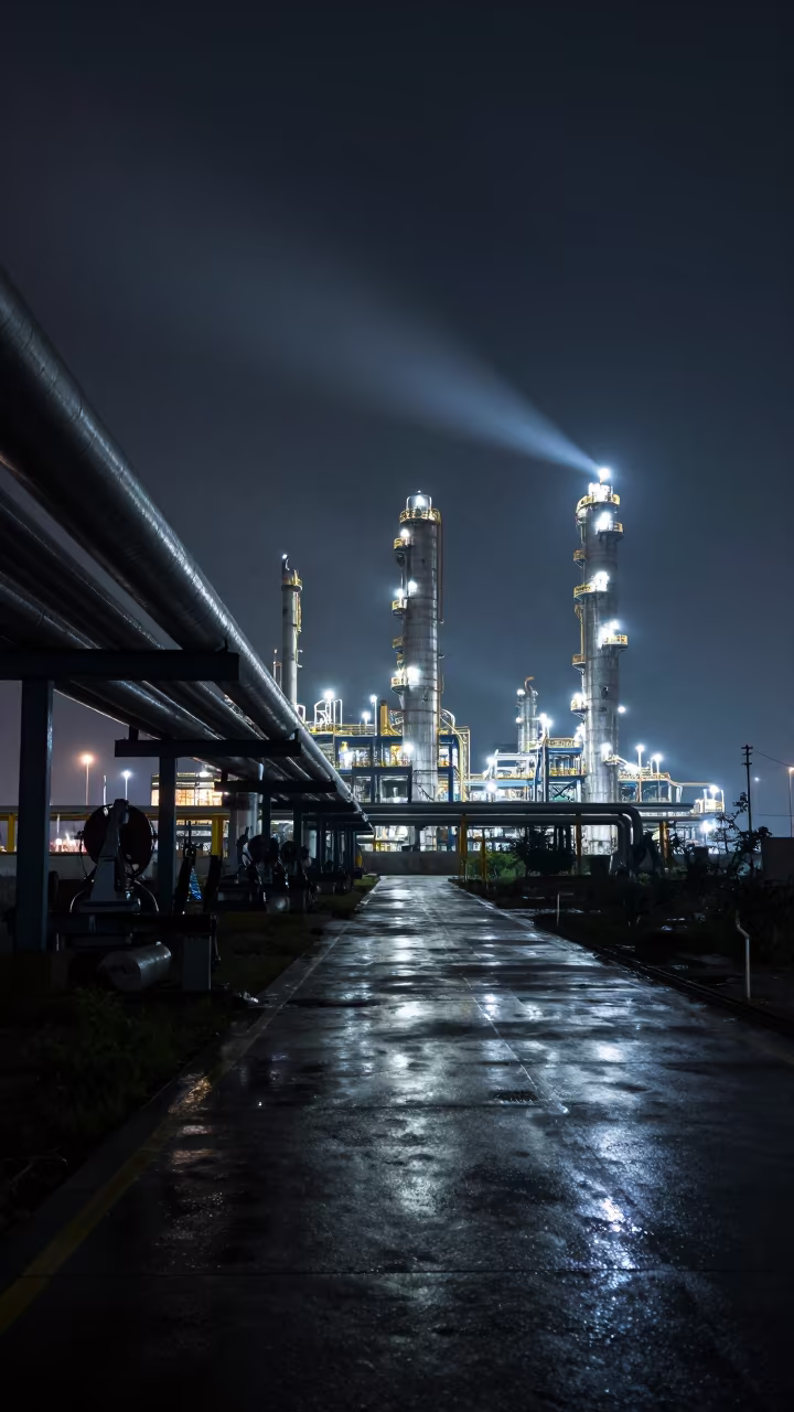Jharkhand Oil Refinery Night Pipes in along a service road lined with pipes in Jharkhand